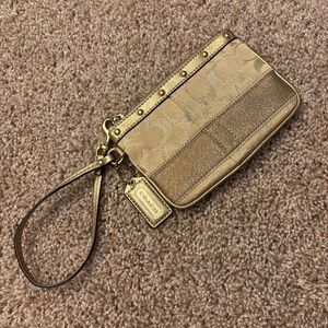 Coach Wristlet Pouch Metallic Gold Signature Monogram Leather Casual